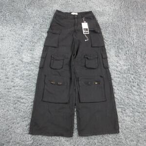 Labijou Pants Womens L Black Cargo Wide Leg Twill Cotton Spandex 26x30.5* NWT